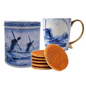 Typisch Hollands Stroopwafels in blik & Mok met gouden oor ( Molens)