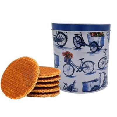 Typisch Hollands Stroopwafels in blauer Delfter Dose Fahrräder