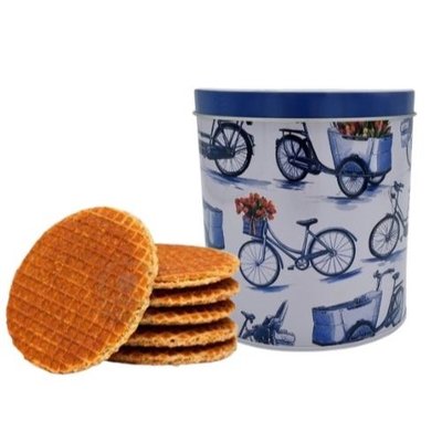 Typisch Hollands Stroopwafels in blauer Delfter Dose Fahrräder