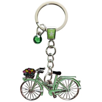Typisch Hollands Sleutelhanger Holland groene fiets  met bedel (strassteentje)