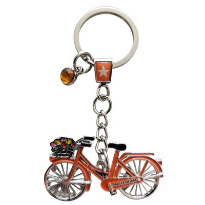 Typisch Hollands Schlüsselanhänger Amsterdam - orangefarbenes Fahrrad mit Anhänger (Strass)