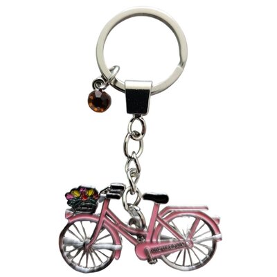 Typisch Hollands Keychain Amsterdam - pink bicycle with charm (rhinestone)