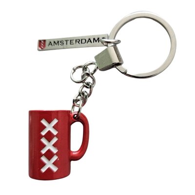 Typisch Hollands Sleutelhanger Biermok rood en label Amsterdam
