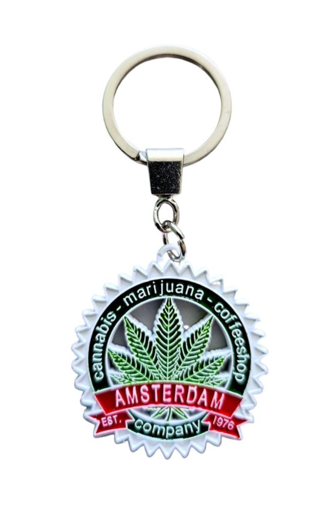 Enjoint Amsterdam souvenirs Keyring Cannabis leaf Amsterdam www.hollandse souvenirs Shipping to EU USA Canada