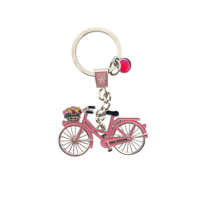 Typisch Hollands Keychain Amsterdam - pink bicycle with charm (rhinestone)