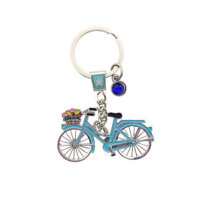 Typisch Hollands Keychain Amsterdam - blue bicycle with charm (rhinestone)