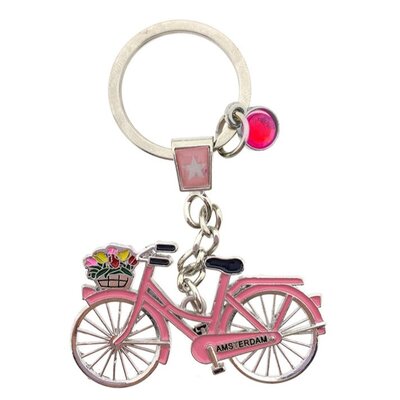 Matix Sleutelhanger Amsterdam - roze fiets  met bedel (strassteentje)