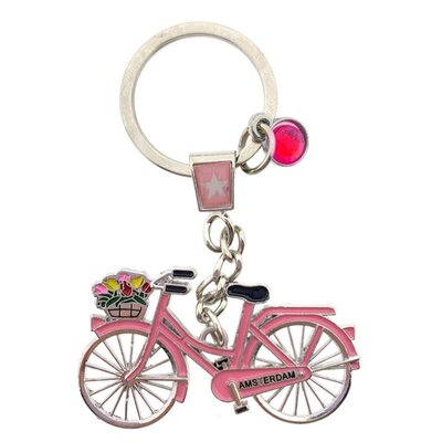 Typisch Hollands Schlüsselanhänger Amsterdam - rosa Fahrrad mit Anhänger (Strass)