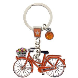 Typisch Hollands Schlüsselanhänger Amsterdam - orangefarbenes Fahrrad mit Anhänger (Strass)