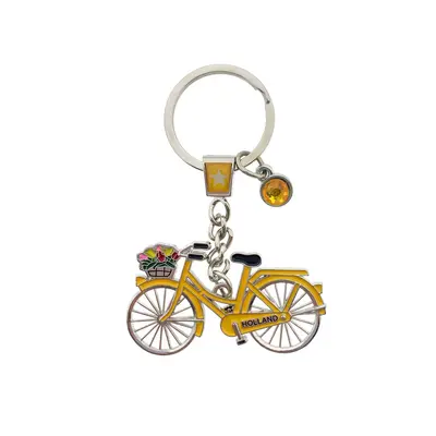 Typisch Hollands Schlüsselanhänger Holland gelbes Fahrrad mit Anhänger (Strass)