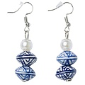 Heinen Delfts blauw Delft Blue Earrings - Flat Beads and White Pearl