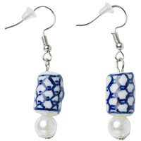Heinen Delfts blauw Delft blue earrings - Cylinder shaped with white pearl