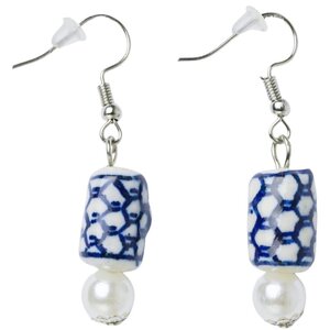 Heinen Delfts blauw Delft Blue Earrings - Cylindrical with white pearl