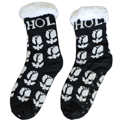 Holland sokken Fleece Comfort Socks - Holland Tulips -Black-White