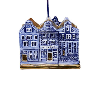 Typisch Hollands Kerstornament 3 huisjes  Delfts-blauw met goud