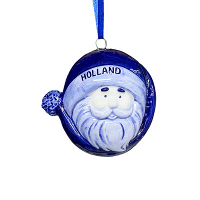Typisch Hollands Kerstornament kerstman rond met muts Delfts-blauw