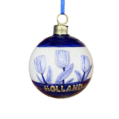 Typisch Hollands Kerstornament rond tulpen  Delfts-blauwmet goud