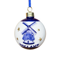 Typisch Hollands Kerstornament rond molen  Delfts-blauw met goud