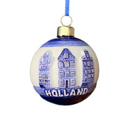 Typisch Hollands Kerstornament rond met huisjes Delfts-blauw