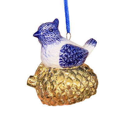 Typisch Hollands Kerstornament vogel op gouden dennenappel  Delfts-blauw