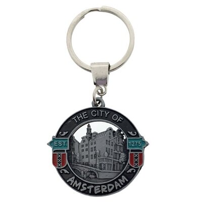 Typisch Hollands Sleutelhanger Rond - City of  Amsterdam (zwart-tin)