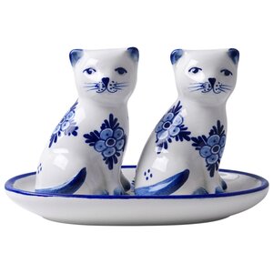 Heinen Delfts blauw Pfeffer und Salz Pussy Blumenmotiv