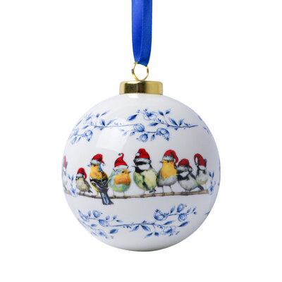 Heinen Delfts blauw Grote witte kerstbal - 8 cm met Bosvogeltjes met kerstmutsjes
