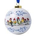 Heinen Delfts blauw Large white Christmas bauble - 8 cm with forest birds with Santa hats