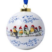 Heinen Delftware Large white Christmas bauble - 8 cm with forest birds with Santa hats