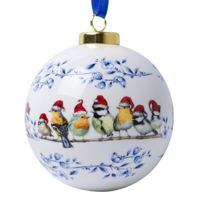 Heinen Delftware Große weiße Weihnachtskugel – 8 cm mit Waldvögeln mit Weihnachtsmützen