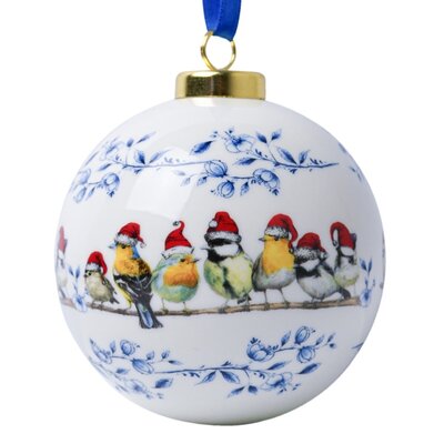 Heinen Delftware Grote witte kerstbal - 8 cm met Bosvogeltjes met kerstmutsjes