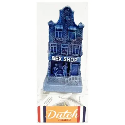 Typisch Hollands Geschenkbox - Delfts blauw huisje Sexshop 7 cm met hopjes.