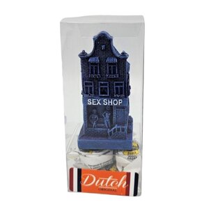 Typisch Hollands Geschenkbox - Delfts blauw huisje Sexshop 7 cm met hopjes.