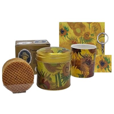 Typisch Hollands Geschenkset Becher und Dose Stroopwafels – Sonnenblumen (mit Geschenkkarte und KOSTENLOSEM Schlüsselanhänger)