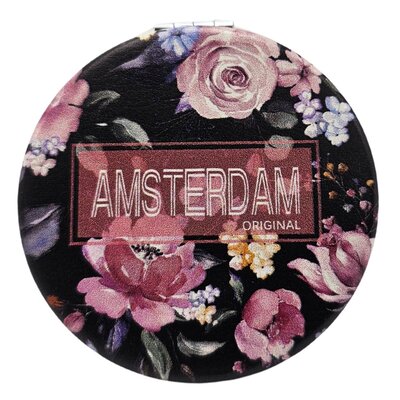 Typisch Hollands Spiegeldoosje - Rond - Amsterdam zwart-bloemetjes