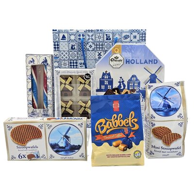 www.typisch-hollands-geschenkpakket.nl Dutch sweets package - In sturdy Delft blue carrying bag