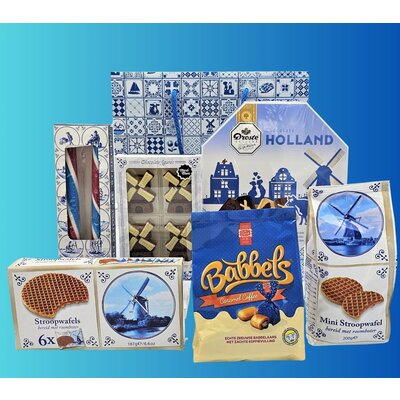 www.typisch-hollands-geschenkpakket.nl Holländisches Süßigkeitenpaket – In stabiler Delfter blauer Tragetasche