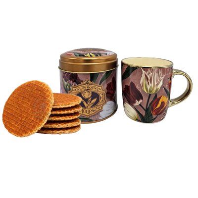 Typisch Hollands Holland-Geschenkset – Becher und Dose mit Stroopwafels – Hübsche Tulpen – Grün