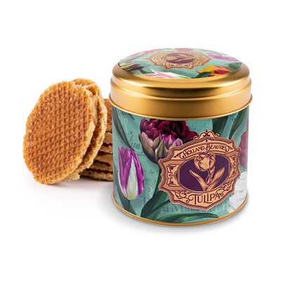 Typisch Hollands Holland-Geschenkset – Becher und Dose mit Stroopwafels – Hübsche Tulpen – Grün