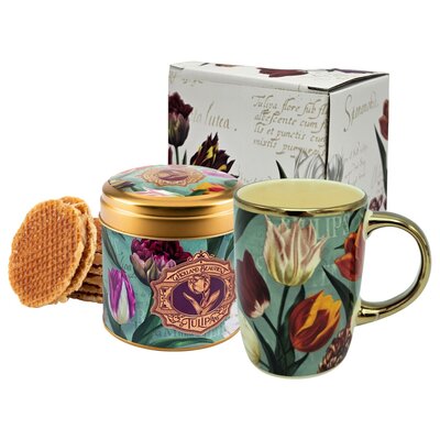 Typisch Hollands Holland-Geschenkset – Becher und Dose mit Stroopwafels – Hübsche Tulpen – Grün