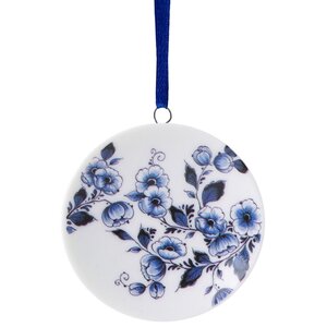 Heinen Delftware Kerstornament - hanger rond - Delftsblauwe bloesemrank