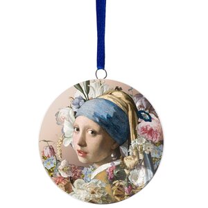 Heinen Delftware Kerstornament - hanger rond - het meisje met de parel