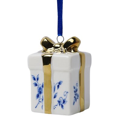 Heinen Delftware Kerstornament - Hanger Kerstcadeau gouden strik