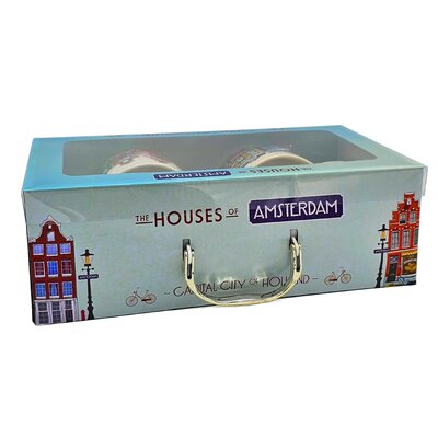 Typisch Hollands Geschenkset van 2 Mokken &amp; Schotel + Lepel (Gevelhuisjes)