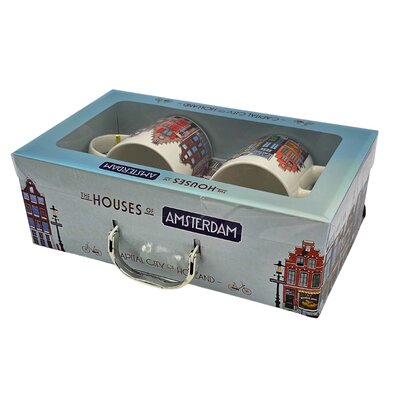 Typisch Hollands Geschenkset mit 2 Tassen & Untertasse + Löffel (Fassadenhäuser)