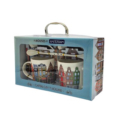 TTD Gifts Geschenkset van 2 Mokken & Schotel + Lepel (Gevelhuisjes)