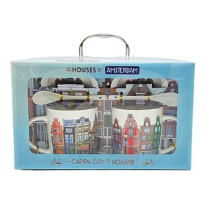 Typisch Hollands Geschenkset bestehend aus 2 Tassen & Untertasse + Löffel (Fassadenhäuser)