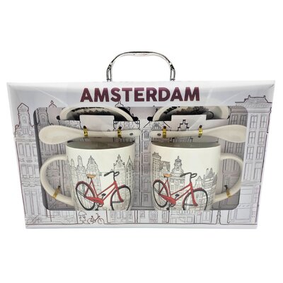 Typisch Hollands Geschenkset van 2 Mokken & Schotel + Lepel (Fiets)