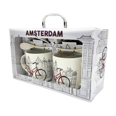 Typisch Hollands Geschenkset mit 2 Tassen, Untertasse und Löffel (Fahrrad)