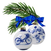 Heinen Delftware Set van 2 Delfts blauw gedecoreerde kerstballen 7cm Bloesem  en Fiets